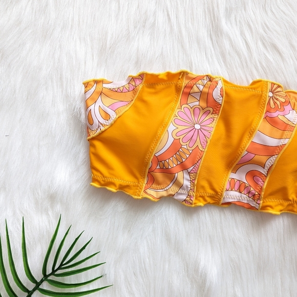 Orange pink & white abstract color block floral strapless bikini top size M L - Picture 5 of 5